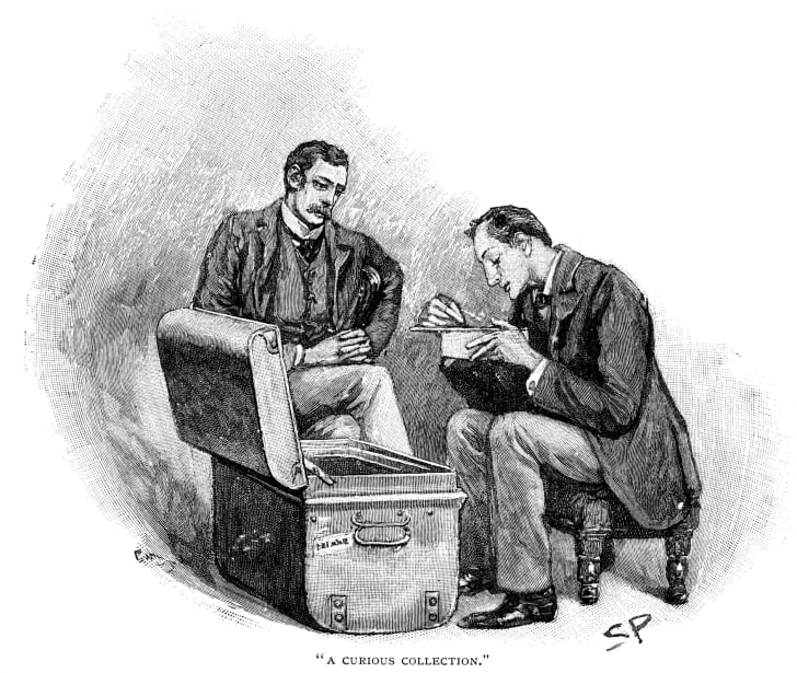 Sherlock Holmes and Watson looking through mementos