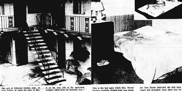 Newspaper clipping showing Naomi Sanders' apartment after she was killed on Feb. 27, 1973, in California.