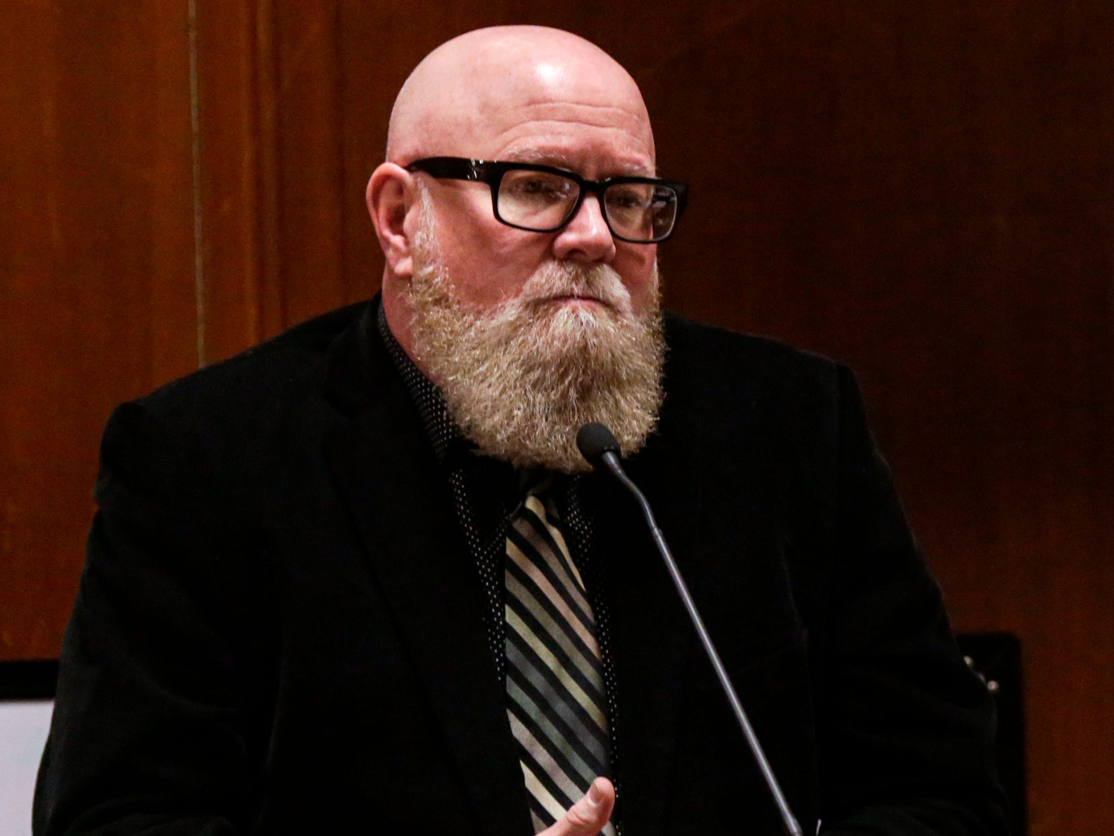 Witness Tracy Price testifies on the stand during Jerry Burns' trial at the Scott County Courthouse in Davenport on Wednesday, Feb. 12, 2020. Price attended school with Michelle Martinko and was with her at a choir banquet the night she was killed.