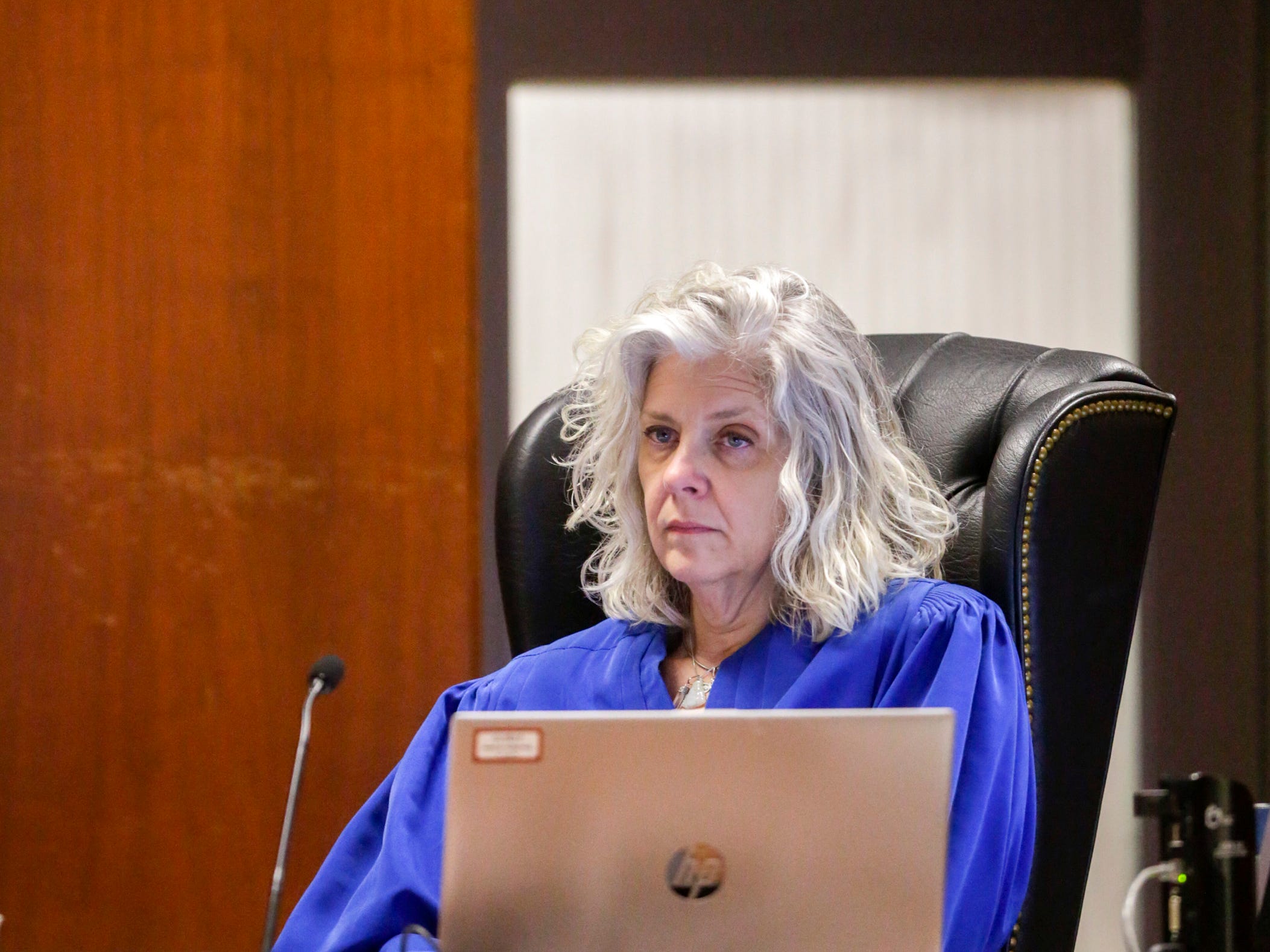 Sixth Judicial District Judge Fae Hoover listens to witness testimony during the trial of Jerry Burns at the Scott County Courthouse in Davenport on Wednesday, Feb. 12, 2020.