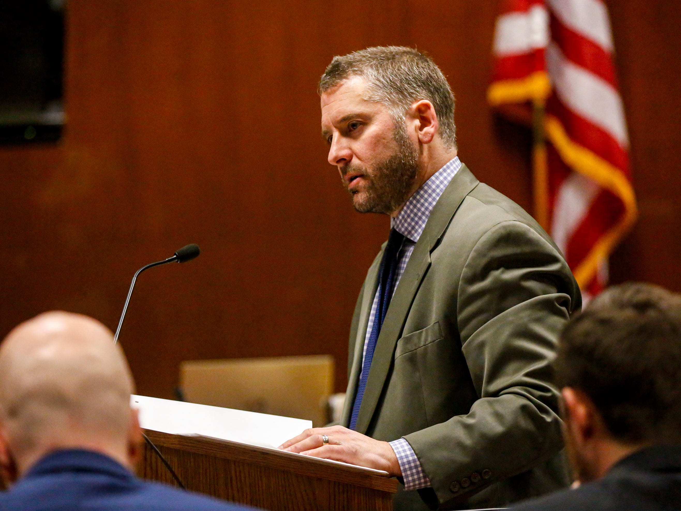 First Assistant Linn County Attorney Nick Maybanks gives an opening statement during the trial of Jerry Burns at the Scott County Courthouse in Davenport on Wednesday, Feb. 12, 2020.