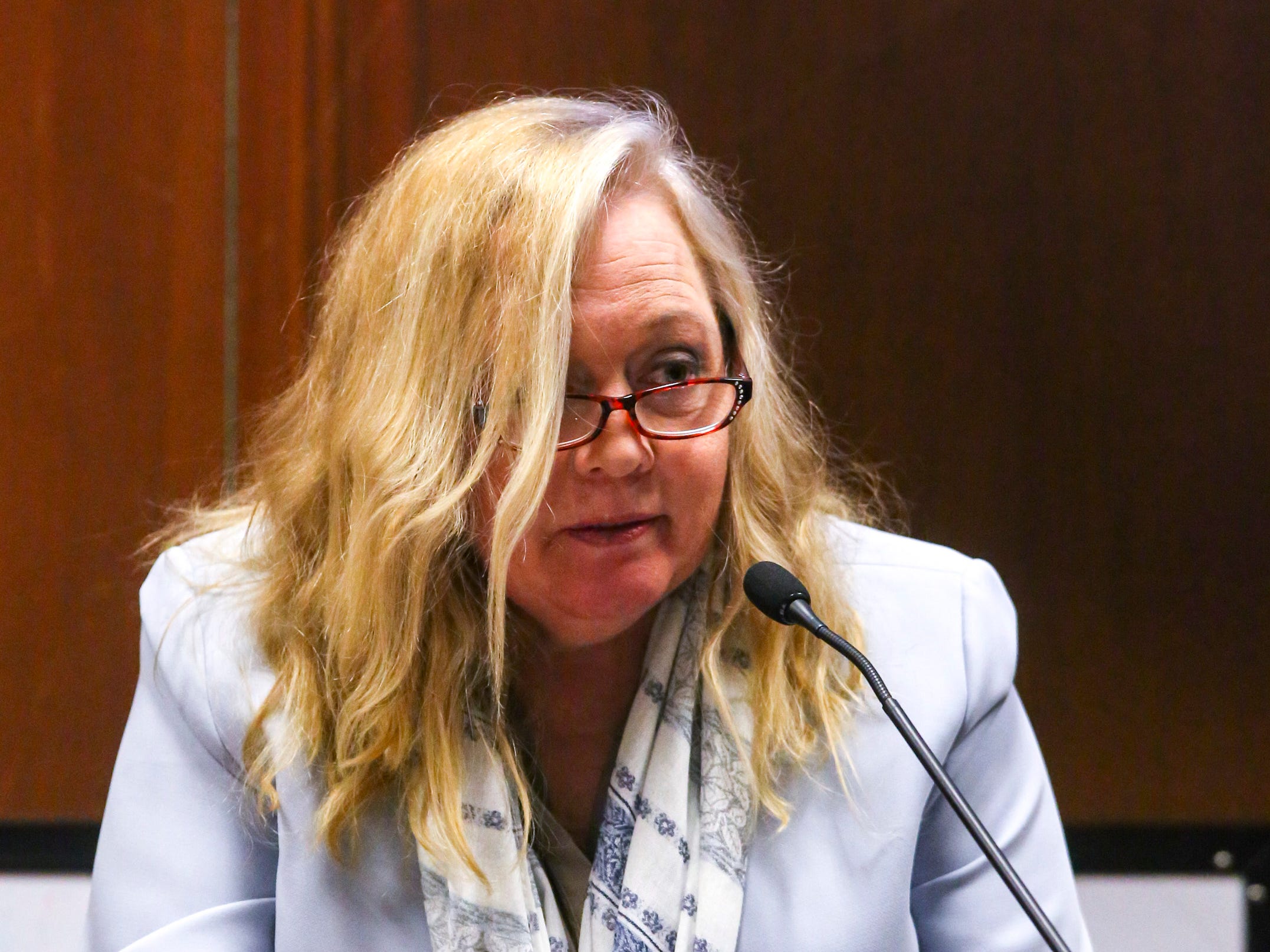 Witness Jane Hansen, CPA and a realtor in Plano, Texas, responds to questions as evidence is presented during the Jerry Burns trial at the Scott County Courthouse in Davenport on Wednesday, Feb. 12, 2020. Hansen went to Kennedy High School in Cedar Rapids with Michelle Martinko, as was at a choir banquet with Martinko the night she was killed.