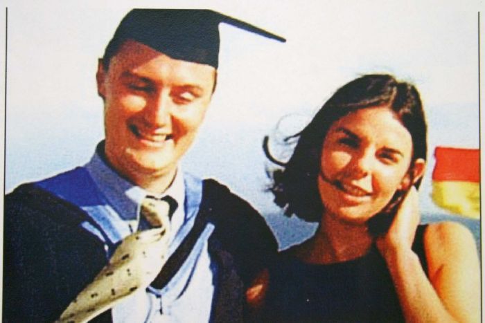Old picture of Peter Falconio (left) at his graduation with girlfriend Joanne Lees (right)