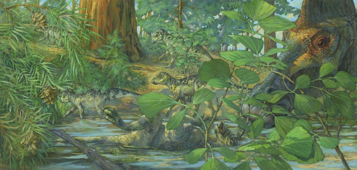 An artist's reconstruction of a dead Hypacrosaurus nestling (center)