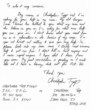 A letter from Chris Tapp to the Idaho innocence project