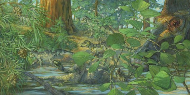 Reconstruction of the nesting ground of Hypacrosaurus stebingeri from the Two Medicine formation of Montana. In the center can be seen a deceased Hypacrosaurus nestling with the back of its skull embedded in shallow waters. A mourning adult is portrayed on the right. (Credit: Michael Rothman, Science China Press)