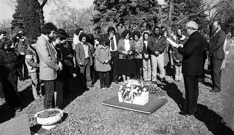 Mourners gather to bury Andrew John Doe on March 7, 1981, in Sioux Falls, S.D.