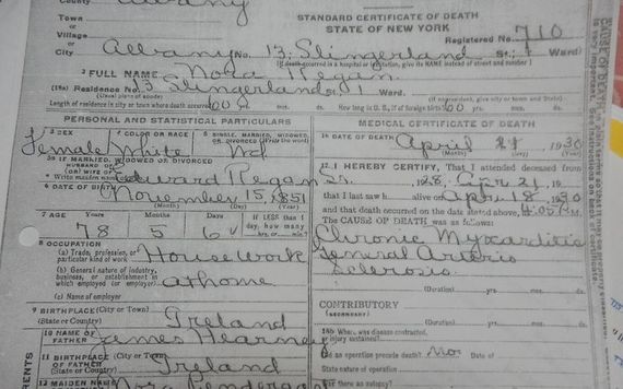 Nora Hearney Regan’s death certificate on which her birthplace simply says Ireland.