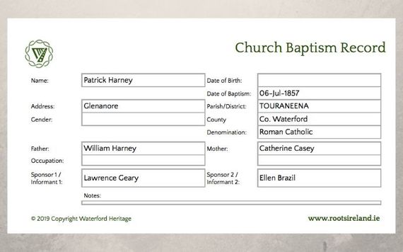 Roman Catholic baptism record showing that Kate’s DNA match’s great grandfather Patrick Harney was born in Glenanore, Co. Waterford.