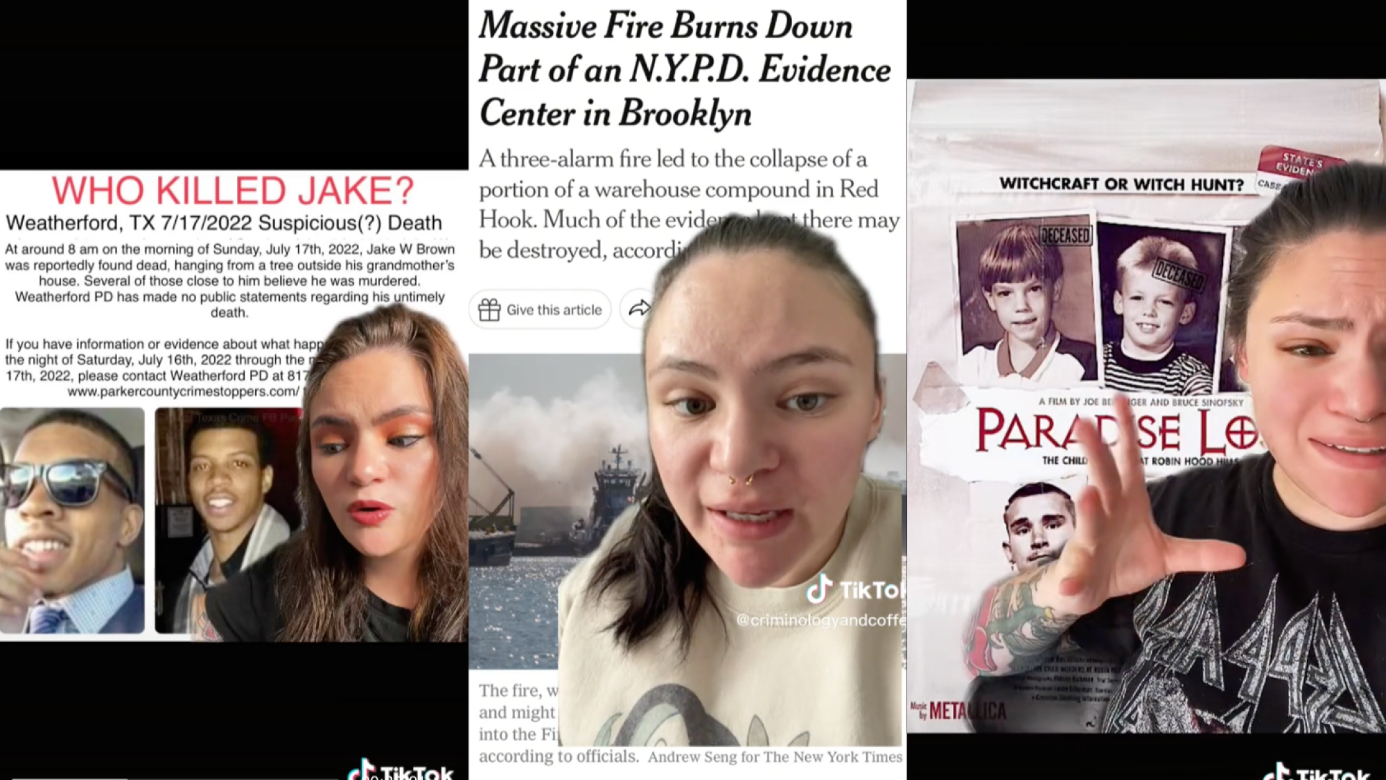 Collage of TikTok screenshots of woman explaining true crime cases.