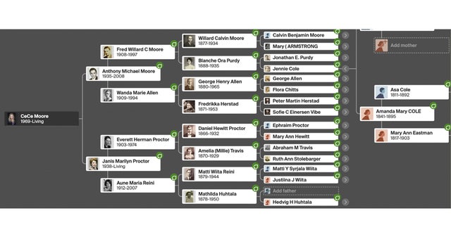 CeCe Moore's family tree is an example of how genetic genealogists map out connections among relatives.