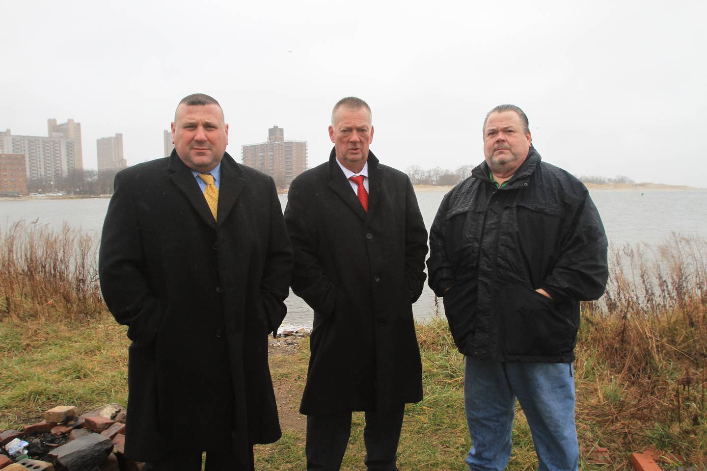 Detectives Mitchell Eisenberg, Timothy O'Brien, and retired Deputy Chief Patrick Conry, at the scene in Calvert Vaux Park near the Coney Island inlet, where the severed remains of an unknown woman were recovered in January of 2015. 
