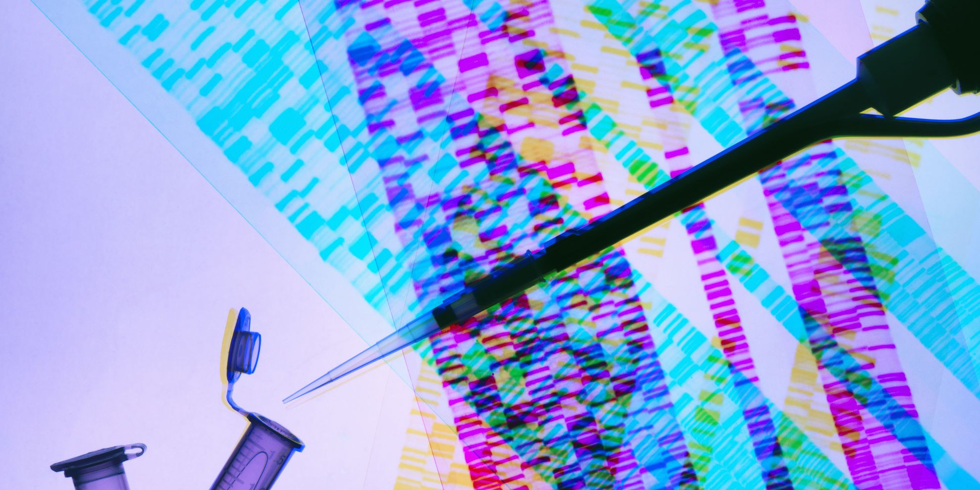 Genetic research, pipette and DNA samples on DNA autoradiogram illustrating research into life sciences and genetic modification